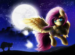 Size: 3000x2200 | Tagged: safe, artist:thetarkaana, fluttershy, firefly (insect), pegasus, pony, cloud, flying, full moon, looking at you, moon, night, scenery, silhouette, solo, spread wings, starry night, stars, tree