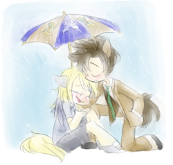 Size: 1461x1389 | Tagged: safe, artist:annie-aya, derpy hooves, doctor whooves, anthro, human, doctorderpy, eared humanization, female, humanized, male, rain, shipping, straight, tailed humanization, umbrella, winged humanization