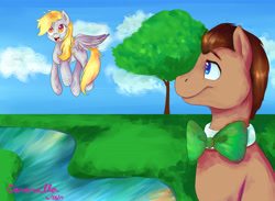 Size: 5456x4000 | Tagged: safe, artist:caranella, derpy hooves, doctor whooves, pegasus, pony, cloud, cloudy, doctorderpy, female, flying, male, mare, shipping, straight, tree