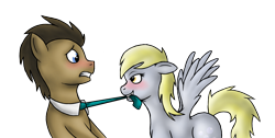 Size: 1881x951 | Tagged: safe, artist:kukotte, derpy hooves, doctor whooves, pegasus, pony, doctorderpy, female, male, mare, necktie, shipping, straight