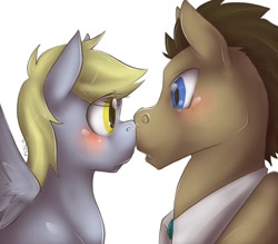 Size: 900x787 | Tagged: safe, artist:cnat, derpy hooves, doctor whooves, pegasus, pony, blushing, boop, doctorderpy, eye contact, female, frown, male, mare, noseboop, shipping, spread wings, straight, surprised, wide eyes