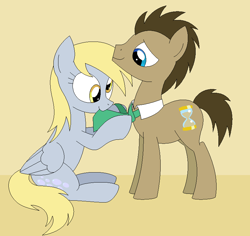 Size: 800x755 | Tagged: safe, artist:hyolark, derpy hooves, doctor whooves, pegasus, pony, doctorderpy, female, male, mare, mouth hold, necktie, shipping, straight