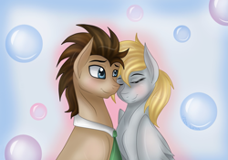 Size: 1639x1145 | Tagged: safe, artist:derpsonhooves, derpy hooves, doctor whooves, pegasus, pony, blushing, doctorderpy, female, male, mare, nuzzling, shipping, straight