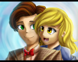 Size: 1024x818 | Tagged: safe, artist:aschenstern, derpy hooves, doctor whooves, human, :d, doctorderpy, eleventh doctor, female, humanized, looking back, male, open mouth, shipping, smiling, straight