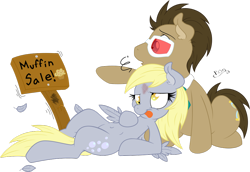 Size: 1024x706 | Tagged: safe, artist:dfectivedvice, artist:midnightblitzz, derpy hooves, doctor whooves, pegasus, pony, 3d glasses, :p, cute, derp, doctorderpy, female, funny, male, mare, muffin, shipping, sign, simple background, straight, transparent background, vector