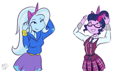 Size: 1280x720 | Tagged: safe, artist:ponut_joe, sci-twi, trixie, twilight sparkle, equestria girls, blushing, breasts, clothes, cropped, explicit source, fake horn, female, glasses, lesbian, open mouth, pony ears, sci-twixie, shipping, simple background, smiling, twixie, white background