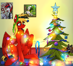 Size: 2200x2000 | Tagged: safe, artist:twotail813, oc, oc only, oc:twotail, cat, pegasus, pony, bell, bell collar, belly button, christmas tree, collar, decoration, happy new year, rcf community, solo, tree