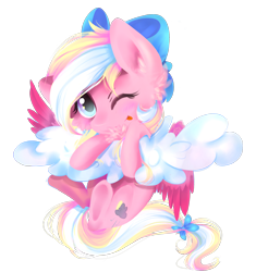 Size: 1600x1700 | Tagged: safe, artist:skajcia, oc, oc only, oc:bay breeze, pegasus, pony, bow, cloud, female, hair bow, mare, one eye closed, simple background, solo, transparent background, wink