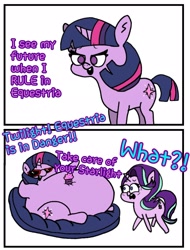 Size: 1600x2100 | Tagged: safe, artist:jlyne, starlight glimmer, twilight sparkle, twilight sparkle (alicorn), alicorn, pony, unicorn, belly, big belly, chubby, chubby twilight, cupcake, dialogue, duo, duo female, exclamation point, fat, female, food, huge belly, impossibly large belly, interrobang, lazy, mare, obese, photo, princess twilard, question mark, sunglasses, trace, twilard sparkle