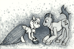 Size: 3304x2191 | Tagged: safe, artist:augustraes, derpy hooves, doctor whooves, pegasus, pony, clothes, doctorderpy, dress, female, gala dress, grayscale, male, mare, monochrome, shipping, straight