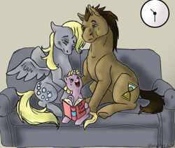 Size: 847x719 | Tagged: safe, artist:gloryblaz, derpy hooves, dinky hooves, doctor whooves, clock, cute, derpabetes, dinkabetes, doctorbetes, doctorderpy, equestria's best mother, family, female, hoers, male, reading, shipping, straight, younger