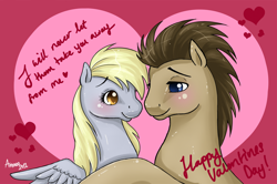 Size: 2000x1328 | Tagged: safe, artist:amenoo, derpy hooves, doctor whooves, pegasus, pony, doctorderpy, female, male, mare, shipping, straight, valentine, valentine's day