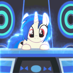 Size: 600x600 | Tagged: safe, artist:ribiruby, dj pon-3, vinyl scratch, pony, unicorn, animated, bent over, both cutie marks, butt shake, female, front view butt, gif, glow, mare, missing accessory, plot, sexy, show accurate, solo, stupid sexy vinyl, sway, thick, turntable, wide hips, wrong eye color