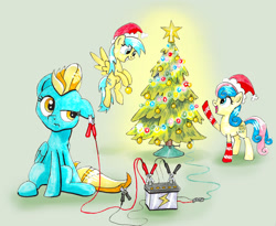 Size: 1024x839 | Tagged: safe, artist:modecom1, bon bon, lightning dust, sunshower raindrops, sweetie drops, 3:, christmas tree, clothes, cute, electricity, floppy ears, frown, grin, hat, hoof hold, jumper cables, new year, pointing, raised eyebrow, santa hat, sitting, smiling, socks, spread wings, squee, tree, unamused