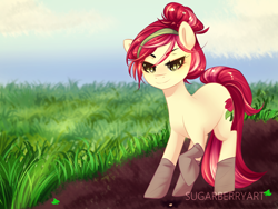 Size: 1600x1200 | Tagged: safe, artist:sugarberry, roseluck, alternate hairstyle, clothes, dirt, gardening, gloves, grass, hair bun, lidded eyes, looking down, smiling, solo