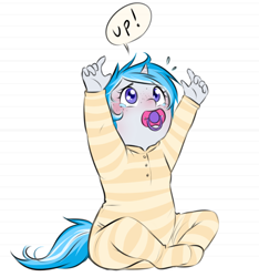 Size: 840x898 | Tagged: safe, artist:askbubblelee, oc, oc only, oc:bubble lee, anthro, unicorn, anthro oc, baby, baby pony, clothes, crying, cute, female, filly, foal, footed sleeper, freckles, hnnng, lined paper, looking up, ocbetes, pacifier, pajamas, solo, teary eyes, upsies, wip, younger