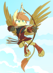 Size: 1300x1800 | Tagged: safe, artist:equestria-prevails, oc, oc only, oc:overdraw, hippogriff, hybrid, original species, archery, armor, arrow, bow (weapon), bow and arrow, solo, weapon