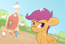 Size: 1200x823 | Tagged: safe, artist:pony-butt-express, scootaloo, chicken, bandage, feather, scootachicken, scooter