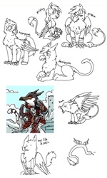 Size: 692x1153 | Tagged: safe, artist:equestria-prevails, classical hippogriff, griffon, hippogriff, snake, armor, barking, demigryph, pain, quetzalcoatl, sketch, sketch dump, sword, weapon