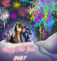 Size: 1263x1354 | Tagged: safe, artist:stuflox, twilight sparkle, twilight sparkle (alicorn), oc, oc:drawingamer, oc:synthesia monsparkle, alicorn, pegasus, pony, unicorn, 2017, clothes, cup, fireworks, happy new year, happy new year 2017, monsparkle, scarf, snow