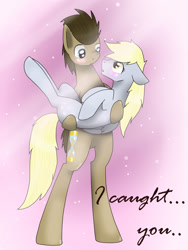 Size: 1024x1365 | Tagged: safe, artist:foxee773, derpy hooves, doctor whooves, pony, bipedal, blushing, carrying, doctorderpy, female, floppy ears, male, shipping, straight