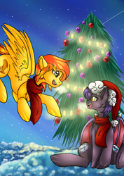 Size: 2893x4092 | Tagged: safe, artist:fkk, oc, oc only, oc:dawn sentry, oc:firetale, bat pony, pegasus, pony, absurd resolution, bat pony oc, christmas, christmas tree, clothes, commission, cute, female, flying, happy new year, hat, holiday, mare, santa hat, scarf, snow, tree, ych result