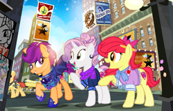 Size: 1300x830 | Tagged: safe, artist:pixelkitties, apple bloom, gummy, nightmare moon, princess celestia, scootaloo, sweetie belle, alicorn, bat pony, earth pony, pegasus, pony, unicorn, adorabloom, alternate hairstyle, background pony, billboard, bridleway, carriage, clothes, cute, cutealoo, cutie mark, cutie mark crusaders, diasweetes, ear piercing, female, hamilton, lens flare, manehattan, mare, night guard, obey, older, older apple bloom, older scootaloo, older sweetie belle, piercing, raised hoof, scar, shadowbolts, taxi, taxi pony, the cmc's cutie marks, unnamed pony