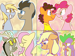 Size: 1024x768 | Tagged: safe, artist:leetle-pink-fudge, applejack, cheese sandwich, derpy hooves, discord, doctor whooves, fluttershy, pinkie pie, spike, dragon, earth pony, pegasus, pony, applespike, cheesepie, discoshy, doctorderpy, female, male, mare, shipping, straight