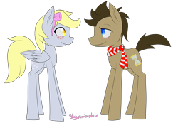 Size: 4675x3229 | Tagged: safe, artist:skywarriorstare, derpy hooves, doctor whooves, pegasus, pony, bow, clothes, doctorderpy, female, looking at each other, male, mare, scarf, shipping, straight