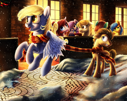 Size: 1280x1024 | Tagged: safe, artist:chryseum, derpy hooves, doctor whooves, pegasus, pony, clothes, doctorderpy, female, floppy ears, flying, male, mare, scarf, scrunchy face, shared clothing, shared scarf, shipping, smiling, snow, snowfall, straight, winter