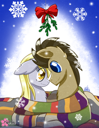 Size: 1000x1294 | Tagged: safe, artist:clouddg, derpy hooves, doctor whooves, pegasus, pony, clothes, doctorderpy, female, male, mare, mistletoe, scarf, shared clothing, shared scarf, shipping, snow, snowflake, straight