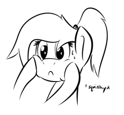 Size: 400x370 | Tagged: safe, artist:glimglam, oc, oc only, oc:pole position, :c, disembodied hooves, monochrome, offscreen character, ponytail, simple background, squishy cheeks, sweat, uncomfortable, white background