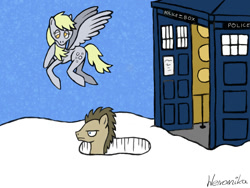 Size: 1024x768 | Tagged: safe, artist:weronika2808, derpy hooves, doctor whooves, pegasus, pony, doctor whooves is not amused, doctorderpy, female, male, mare, shipping, snow, snowfall, straight, tardis, unamused, winter