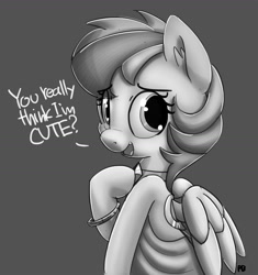 Size: 1280x1360 | Tagged: safe, artist:pabbley, rainbow dash, pegasus, pony, alternate hairstyle, clothes, cute, dashabetes, dialogue, dress, grayscale, looking at you, monochrome, rainbow dash always dresses in style, solo, talking to viewer