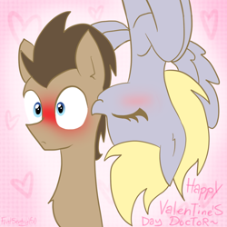 Size: 1000x1000 | Tagged: safe, artist:frostsentry150, derpy hooves, doctor whooves, pegasus, pony, blushing, doctorderpy, female, heart, kiss on the cheek, kissing, male, mare, shipping, straight, upside down, valentine's day