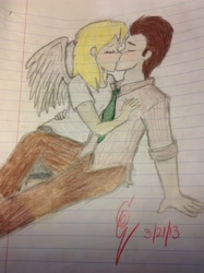 Size: 1936x2592 | Tagged: safe, artist:derpam, derpy hooves, doctor whooves, human, doctorderpy, female, humanized, kissing, lined paper, male, shipping, straight, traditional art