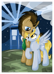 Size: 2905x4000 | Tagged: safe, artist:perfexsoniya, derpy hooves, doctor whooves, pegasus, pony, doctorderpy, female, male, mare, raised hoof, shipping, spread wings, straight, tardis