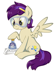 Size: 1200x1588 | Tagged: safe, artist:thebowtieone, oc, oc only, oc:electron, pegasus, pony, bottle, cloud, cork, female, goggles, mare, paper, simple background, sitting, solo, transparent background