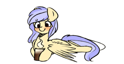 Size: 1250x644 | Tagged: safe, artist:sparklypumpkin, oc, oc only, pegasus, pony, cup, female, mare, prone, simple background, solo, white background