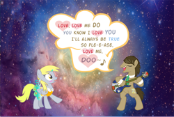 Size: 1024x690 | Tagged: safe, artist:arimovergremrider, derpy hooves, doctor whooves, pony, alternate hairstyle, blushing, british, clothes, doctor who, doctorderpy, dress, guitar, heart, love me do, male, muffin, musical instrument, necktie, shipping, song, song reference, space, stallion, straight, the beatles