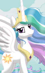 Size: 1200x1920 | Tagged: safe, artist:theroyalprincesses, princess celestia, alicorn, pony, crown, jewelry, lidded eyes, looking at you, regalia, smiling, solo