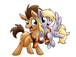 Size: 1024x768 | Tagged: safe, artist:amberlea-draws, derpy hooves, doctor whooves, pony, slice of life (episode), clothes, cute, doctorderpy, fourth doctor, happy, like a million bits, male, scarf, shared clothing, shared scarf, shipping, simple background, smiling, stallion, straight, transparent background