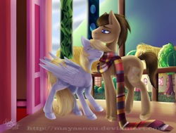 Size: 2500x1885 | Tagged: safe, artist:mayasnou, derpy hooves, doctor whooves, pony, slice of life (episode), clothes, doctorderpy, fourth doctor's scarf, like a million bits, male, scarf, scene interpretation, shipping, stallion, straight, tom baker's scarf