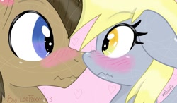 Size: 1024x600 | Tagged: safe, artist:leofoxx, derpy hooves, doctor whooves, pony, blushing, doctorderpy, male, scrunchy face, shipping, stallion, straight