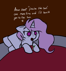 Size: 1196x1279 | Tagged: safe, artist:neuro, princess celestia, oc, oc:anon, human, pony, bed, blanket, colored pupils, dialogue, floppy ears, giant pony, lidded eyes, macro, open mouth, pillow, praise the sun, tired, unamused