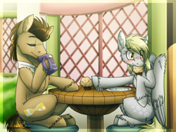 Size: 900x675 | Tagged: safe, artist:inuhoshi-to-darkpen, derpy hooves, doctor whooves, pony, blushing, cute, doctorderpy, drinking, eyes closed, fluffy, male, mouth hold, muffin, mug, shipping, sitting, stallion, straight, tardis, unshorn fetlocks
