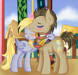 Size: 542x523 | Tagged: dead source, safe, artist:pastelrubies, derpy hooves, doctor whooves, pony, slice of life (episode), blushing, clothes, cute, doctorderpy, eyes closed, heart, hug, like a million bits, male, scarf, scene interpretation, shipping, stallion, straight