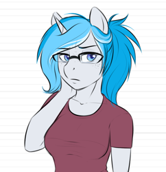 Size: 766x792 | Tagged: safe, artist:askbubblelee, oc, oc only, oc:bubble lee, oc:imago, anthro, unicorn, anthro oc, blue eyes, bust, clothes, female, freckles, glasses, portrait, shirt, solo, teenager, younger