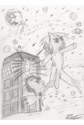 Size: 1200x1800 | Tagged: safe, artist:chronos the doctor, derpy hooves, doctor whooves, pony, doctor who, doctorderpy, female, male, monochrome, muffin, pencil drawing, shipping, space, stallion, straight, tardis, traditional art