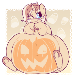 Size: 742x752 | Tagged: safe, artist:lulubell, oc, oc only, oc:lulubell, pony, adorafatty, belly, belly button, big belly, chubby, cute, fat, female, glasses, halloween, holiday, jack-o-lantern, large belly, mare, obese, ocbetes, one eye closed, paint on fur, pumpkin, solo, wink